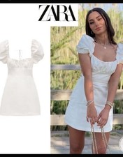 Zara Linen blend short dress puff Sleeve lace up white Size S Linen, Viscose