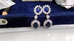 Authentic 2Ct Oval Cut Simulated Blue Sapphire Drop/Dangle Earring 14k White Gold Plated