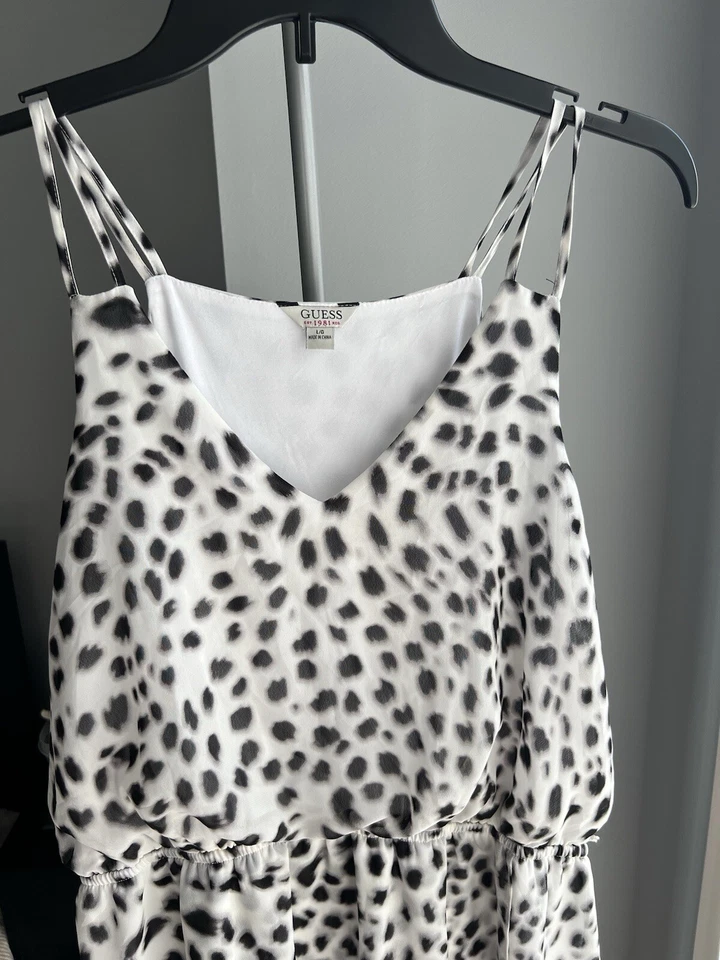 GUESS Mujer Vestido Talla Grande Blanco Leopardo Verano Envolvente Mini Vestido Doble Correa Foto 2 de 4