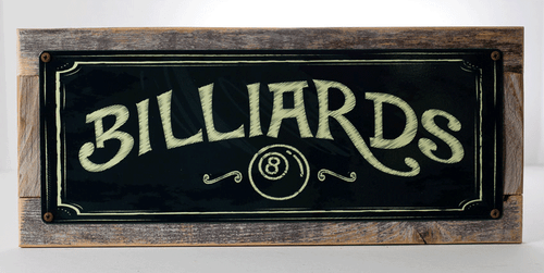 Billiards Metal Sign,On Handmade Rustic Reclaimed Wood Frame, Eight Ball, Pool - Picture 1 of 7