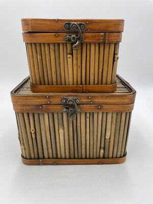 Lot of 2 Vintage Bamboo Baskets with Lid Clasp Brown Handcrafted 2 Sizes