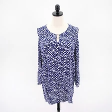 J.M. Collection XL White Blue Keyhole Cold / Open Shoulder Blouse Long Sleeve