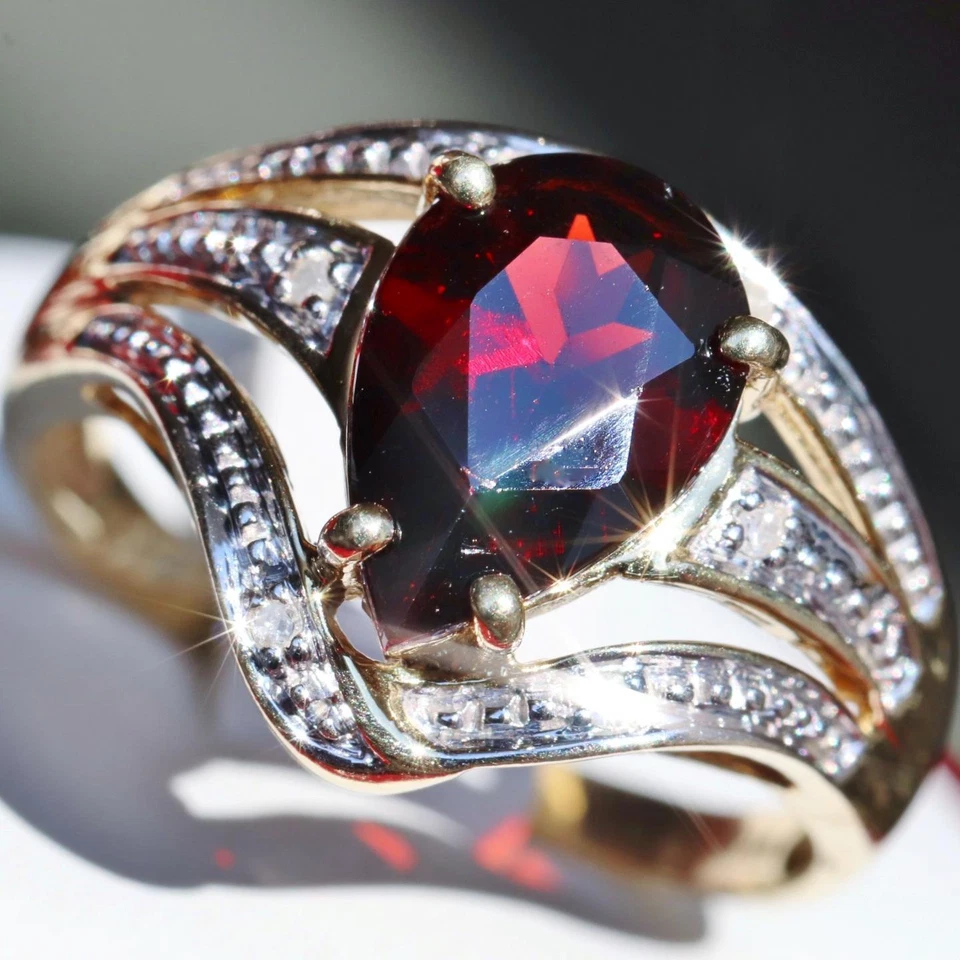 Anillo oro amarillo 14k 3.31ct Mozambique granate diamante talla 10 vintage 4.7gr N3000C Foto 2 de 4