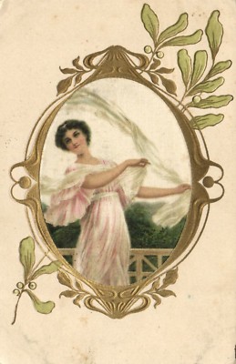 PC CPA WOVEN SILK, LADY ION PINK DRESS, VINTAGE SILK POSTCARD (b15076)