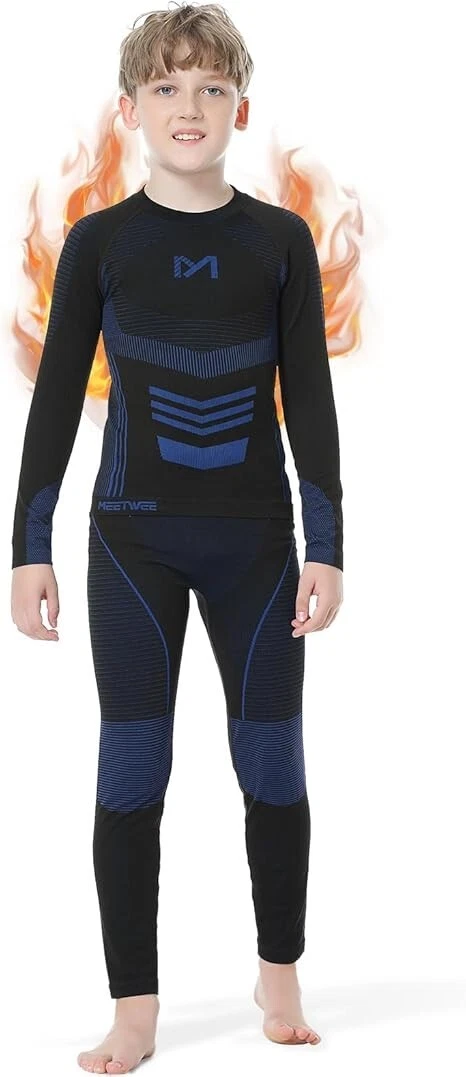 Meetwee Kid Thermal Underwear Set L/S Base Layer Top & Bottom Blue XL 160-165cm