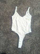 Womens Top White Bodysuit Tank Ribbed Stretch Knit One Size