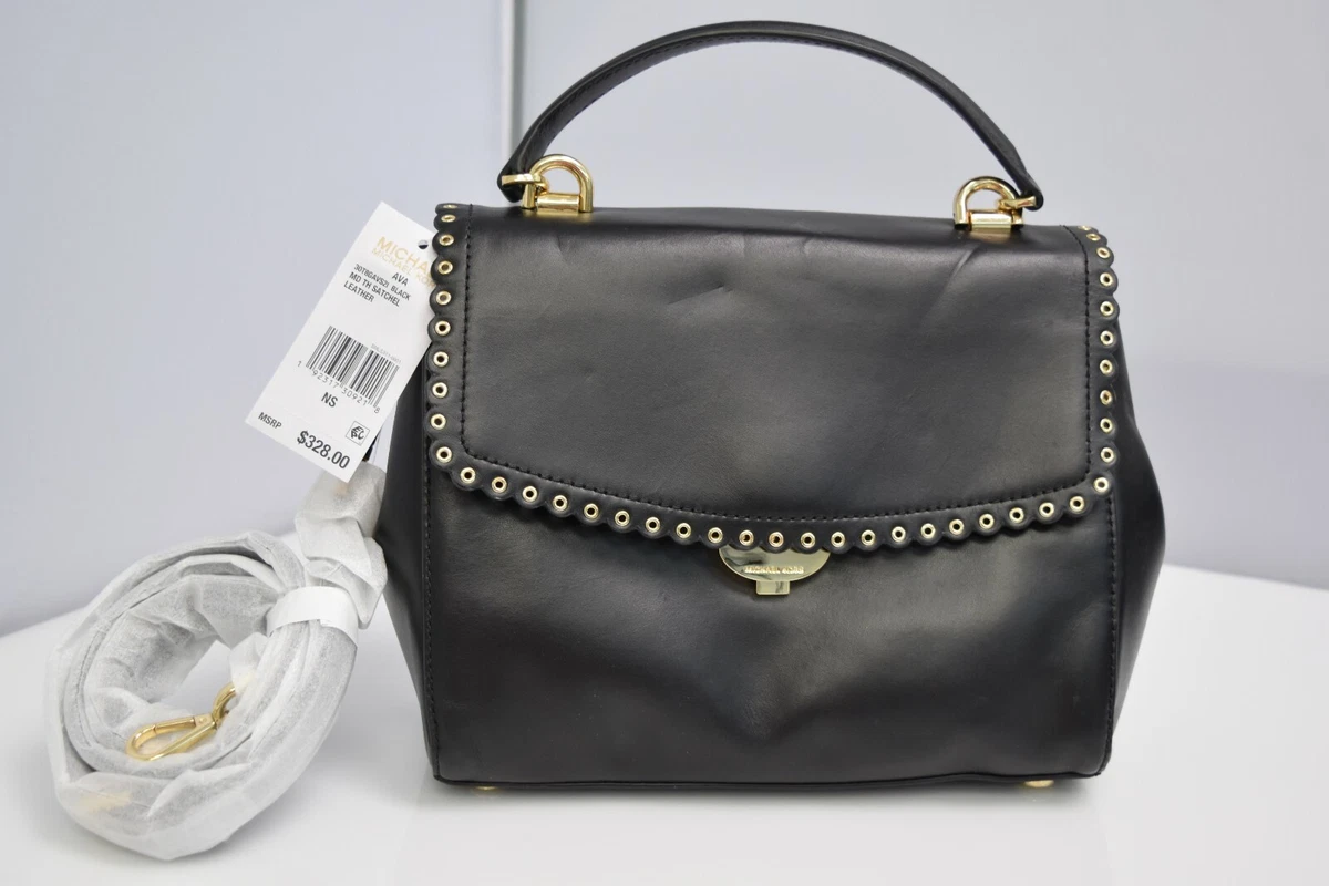 Michael Kors Ava Medium Black TH Satchel Leather Handbag $328 30T8GAVS2I