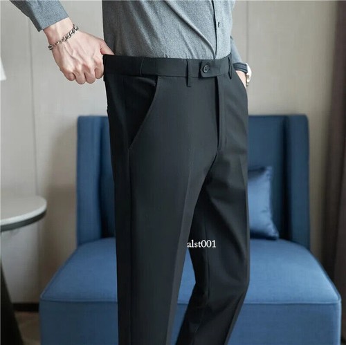 Men Suit Pant Plus Size Solid Elastic Waist Pants Men Slim Ankle Length Trousers - Picture 4 of 29