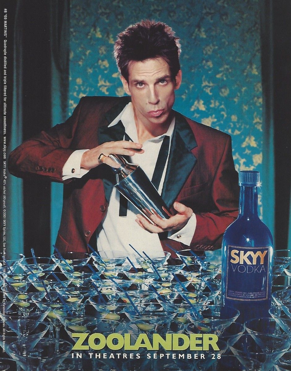 2001 Skyy Vodka Zoolander Ben Stiller 69 Martinis vintage print ad