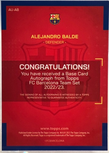 Topps Barcelona Team Set 22/23, Alejandro Balde Autograph Card AU-AB - Picture 2 of 2