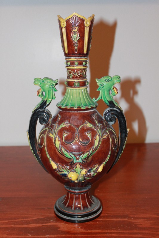 Antique European Majolica Dragon-Handled Urn – Gothic Revival Style, 14” Tall