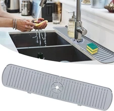 Kitchen Sink Splash Guard,24" Silicone Faucet Handle Drip Catcher Tray Gray 