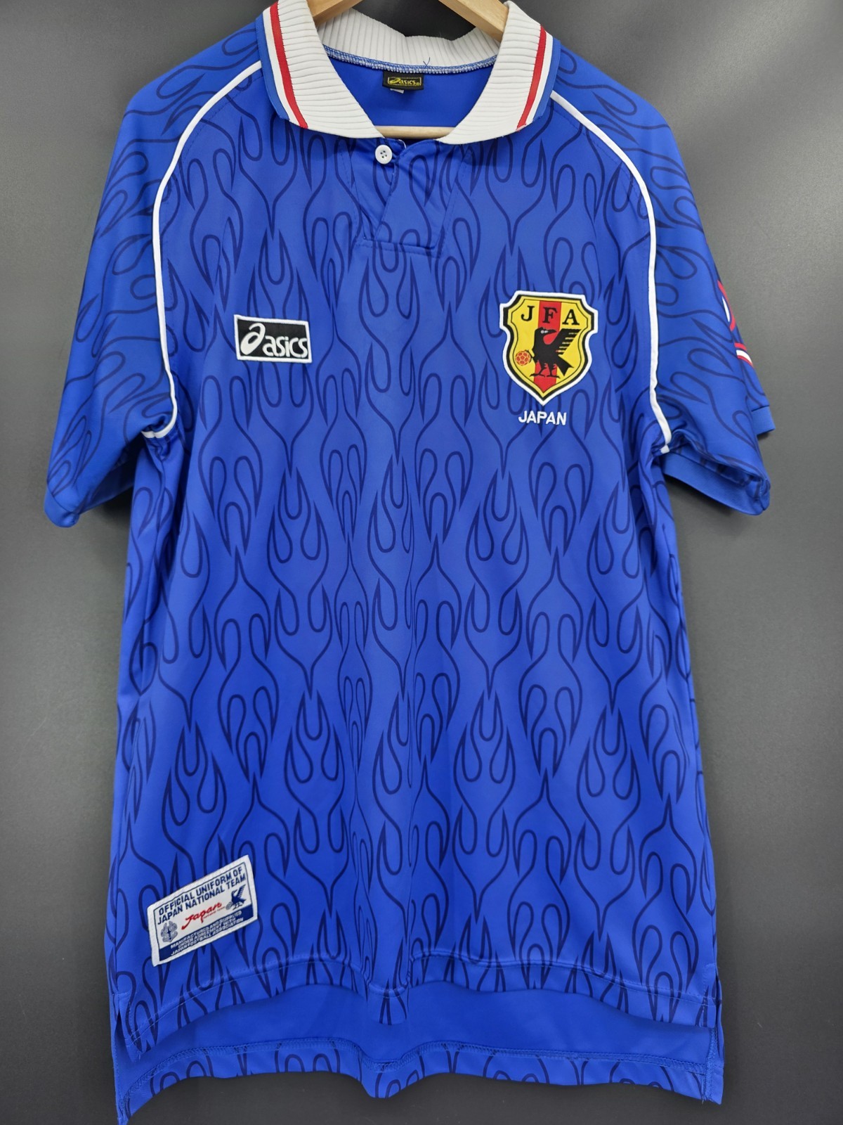Vintage Japan National Team Jersey ASICS XL Blue Flame Pattern Soccer JFA Y2K