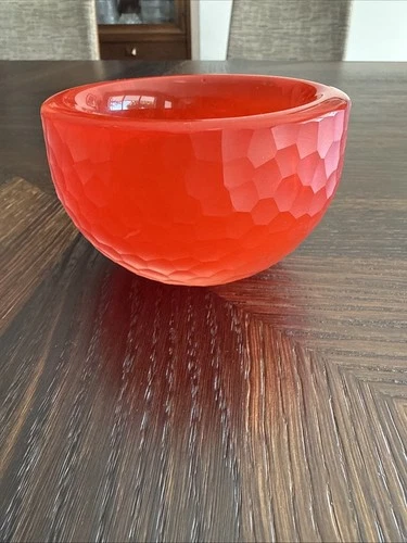 Cenedese Battuto Murano glass bowl Orange Red VENINI 4.5” Diameter Sm Nick Pics