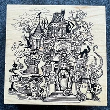 Unwelcome Haunted House Rubber Stamp Halloween 4.5 x 4.5 in