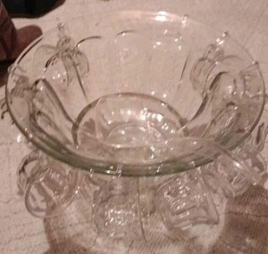 Antique Crystal punch bowl with 10 cups and a plastic ladle