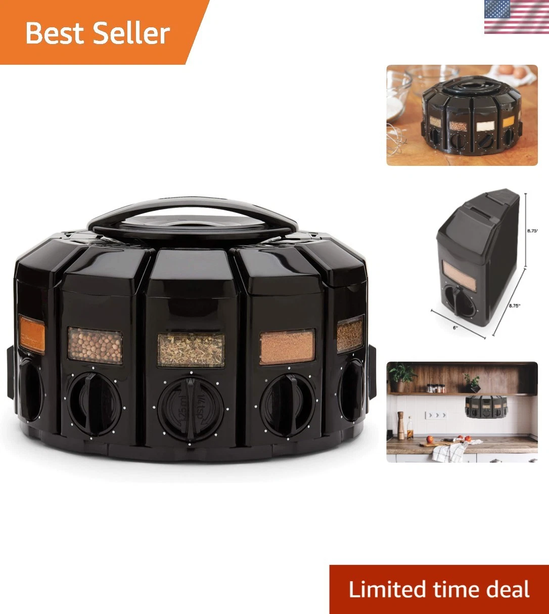 Space-Saving Spice Rack Carousel: Durable Auto-Measure 12 Compartment Design
