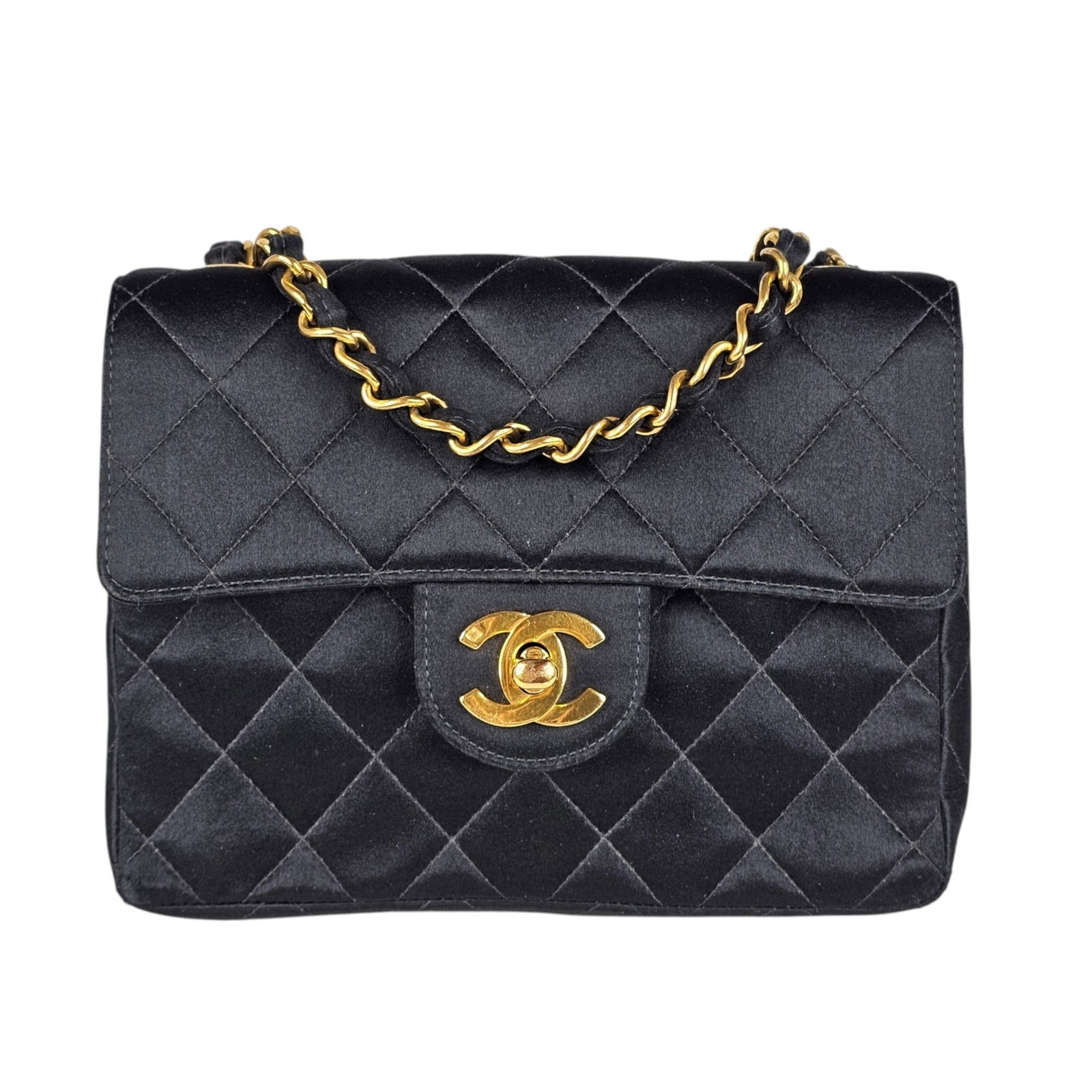 Vintage Chanel Black Satin Gold Plated Mini Flap Shoulder Bag (1994-1996)
