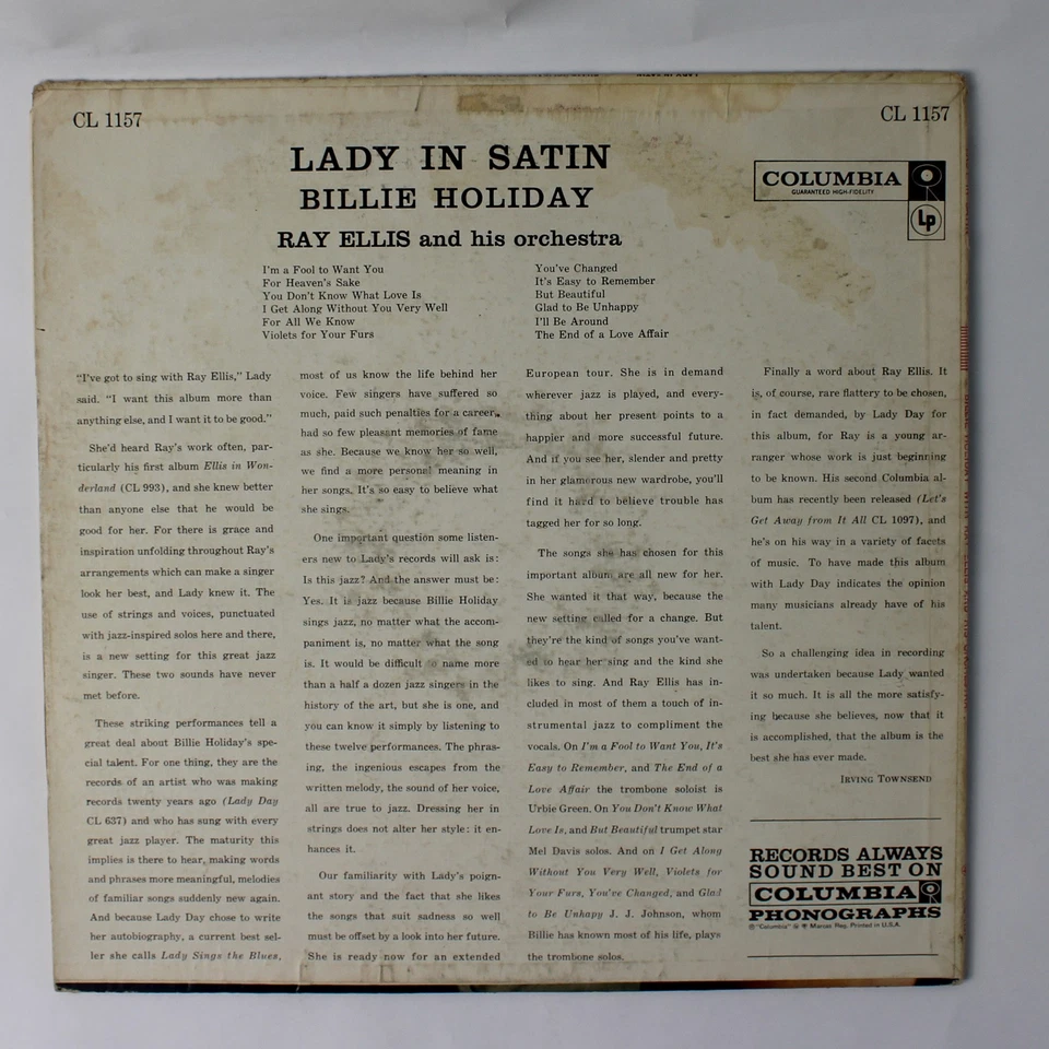 Lady in Satin Vinyl LP by Billie Holiday, CL 1157 - Image 2 of 4