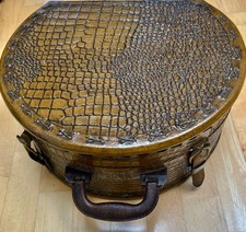 Vintage Round Brown Faux Alligator Skin Hat Box With Handle. 1950 s