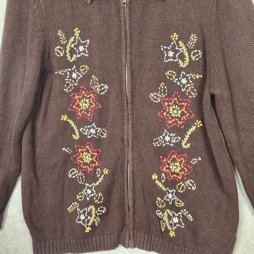 Suéter Cherokee Mujer Grande Marrón Cremallera Floral Bordado Tejido Boho Cárdigan Foto 2 de 4