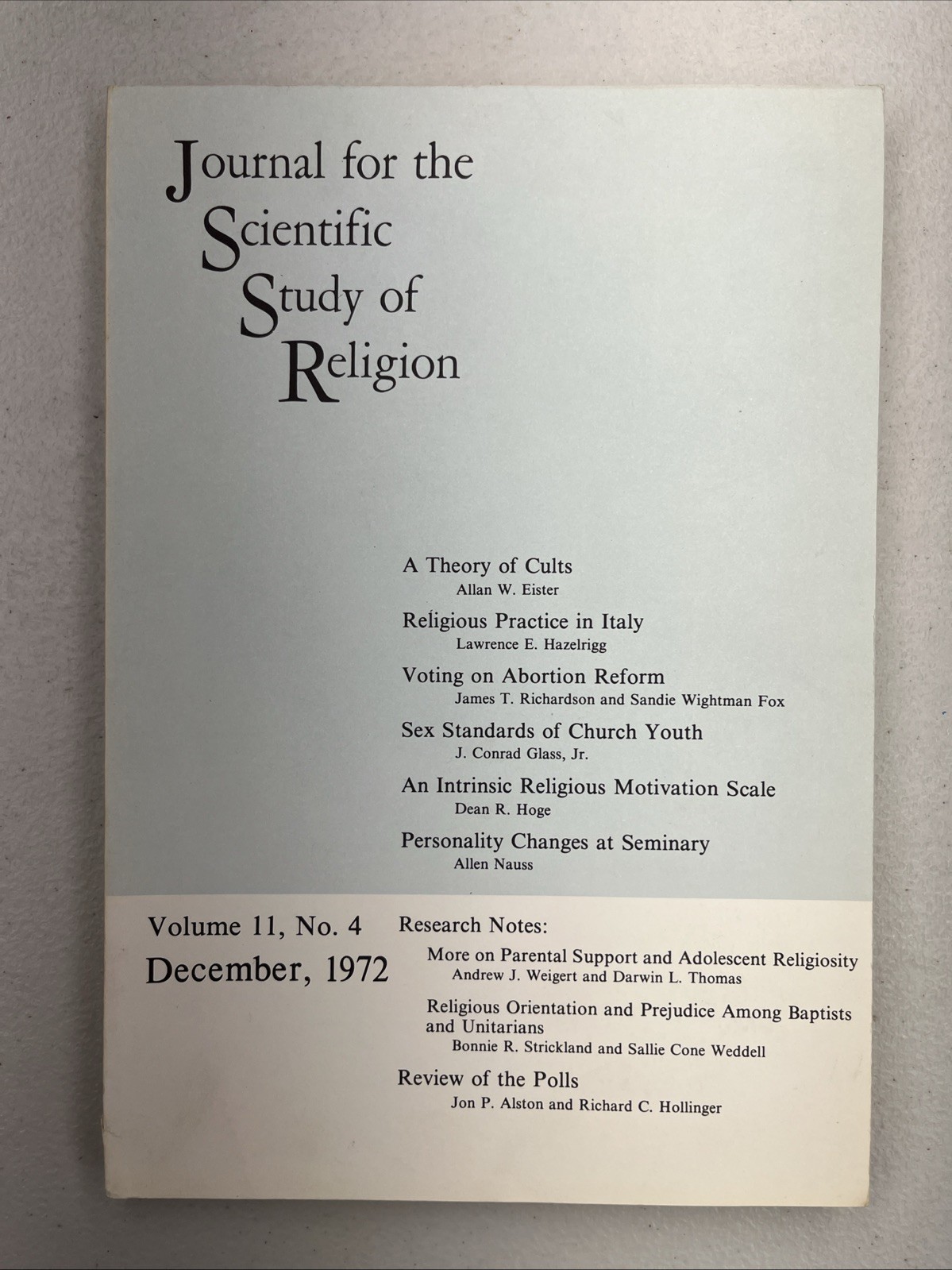 Journal for the Scientific Study of Religion Volume 11, No. 4, December 1972