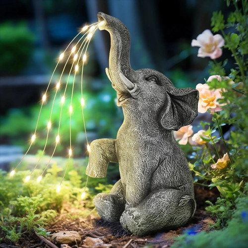 Solar Powered Elephant Statue Garden Decor Figurine Waterproof Lawn Yard Orna...