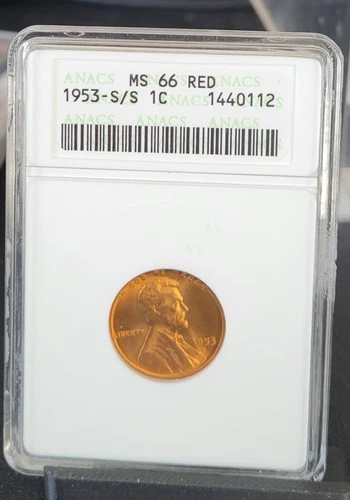 1953-S/S Lincoln Wheat Cent - ANACS MS 66 RED  Old Soapbox holder