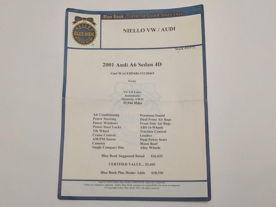 Genuine Audi Documentation. Kelley Blue Book Official Quote, 2001 Audi A6 - Image 1 of 1