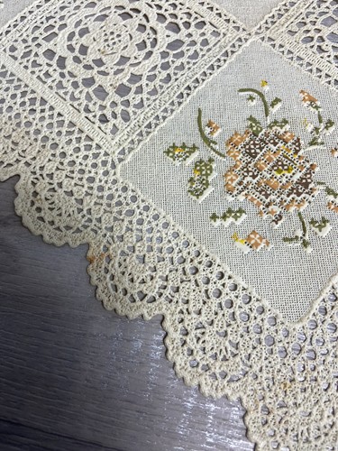 Vintage Hand Made Floral Crochet & Cross Stitch Cloth Decoration - Picture 11 of 17