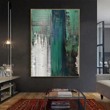 Hand-Painted Dark Green Abstract Oil Painting On Canvas Wall Art Handmade Art