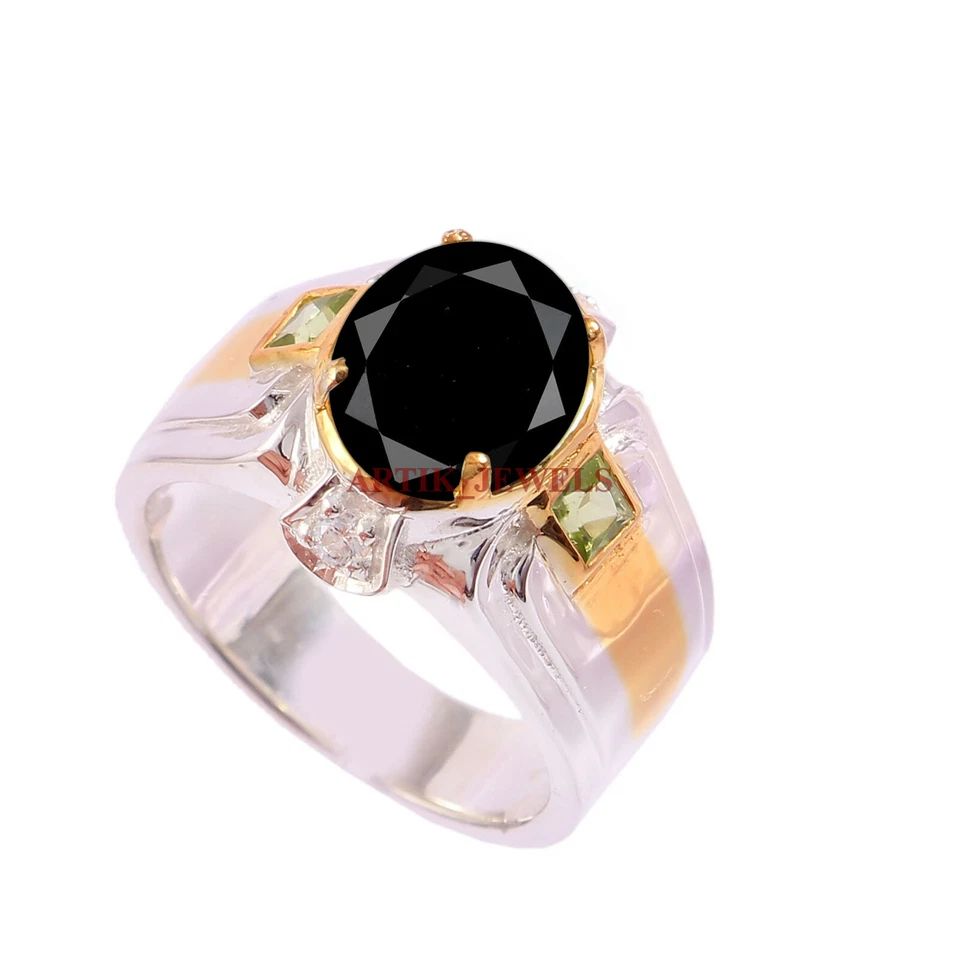 Anillo De Hombre De Ónix Negro Natural Y Peridoto Con Plata Esterlina 925 #5799 - Imagen 3 de 4