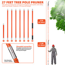 7.3-27ft Manual Pole Saw Extendable Tree Pruner，Fiberglass Pole Hook Cutter Tool