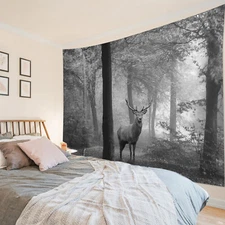 Wild Animals Deer Grey Misty Forest Fall Tapestry for Bedroom Living Room Dorm