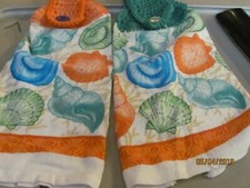 TWO NEW HANDMADE CROCHETED HANGING KITCHEN TOWELS BLUE BLUE/GREEN SHELLS