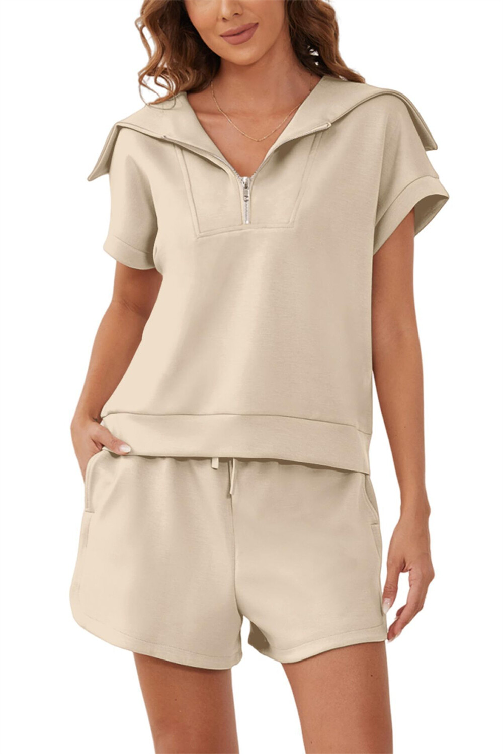 Women's 2 Piece Outfits Summer Sets Lapel Zip Tops and Shorts Set Sweatsuit