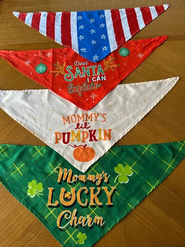 4 Tie On Holiday Dog Bandana Med/Large 4th of July Christmas Halloween St Patric