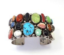 HUGE Navajo ROBERT KELLY Turquoise Coral Jasper Spiny Oyster Silver Cuff Bangle