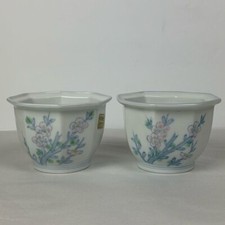 (2) Arita Ware Color of the Seasons Bowls White Blue Pink Flowers Japan pottery