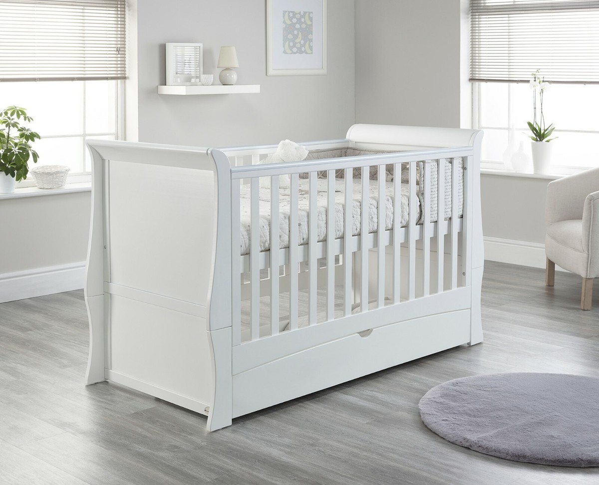 Furniture White Sleigh Cot With Drawer Silver Cross Nostalgia