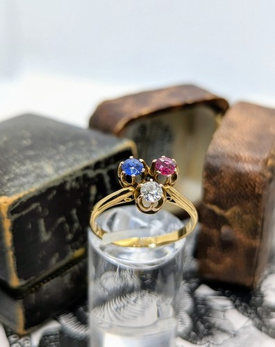 Antique 18ct Gold Old Cut 1.0ct Diamond, Sapphire, Ruby Edwardian Ring Size Q1/2 - Picture 15 of 23