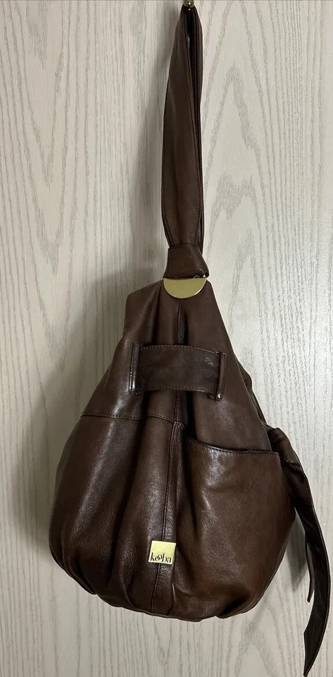 kooba Vintage Hobo Bohemian Shoulder Bag Bucket Purse Pleated Brown Leather - Image 2 of 4
