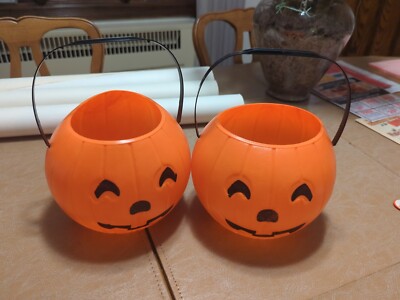 Vintage 1980s Halloween Blow Mold Pumpkin Candy Pail Bucket Plastic Assembly 