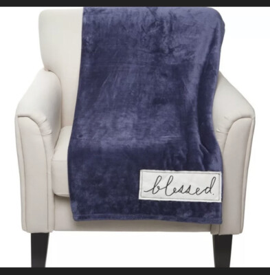 Rae Dunn BLESSED. Patch Ultra Plush Soft Blue Throw 60'' x 50'' New