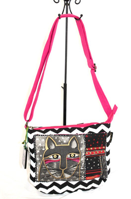 NEW Laurel Burch Multicolor Canvas Zigzag Cat Embellished Crossbody Bag