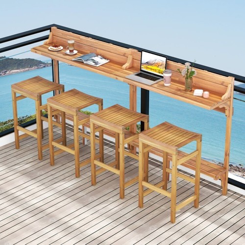 3 PCS Patio Acacia Wood Dining Set Height Bar Table & 2 Curved Seats W/Footrests - Picture 5 of 9