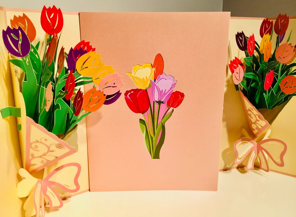 ORIGAMI POP CARDS Colourful Tulip Bouquet 3D Pop Up Greeting Card Spring Flower - Image 2 of 4
