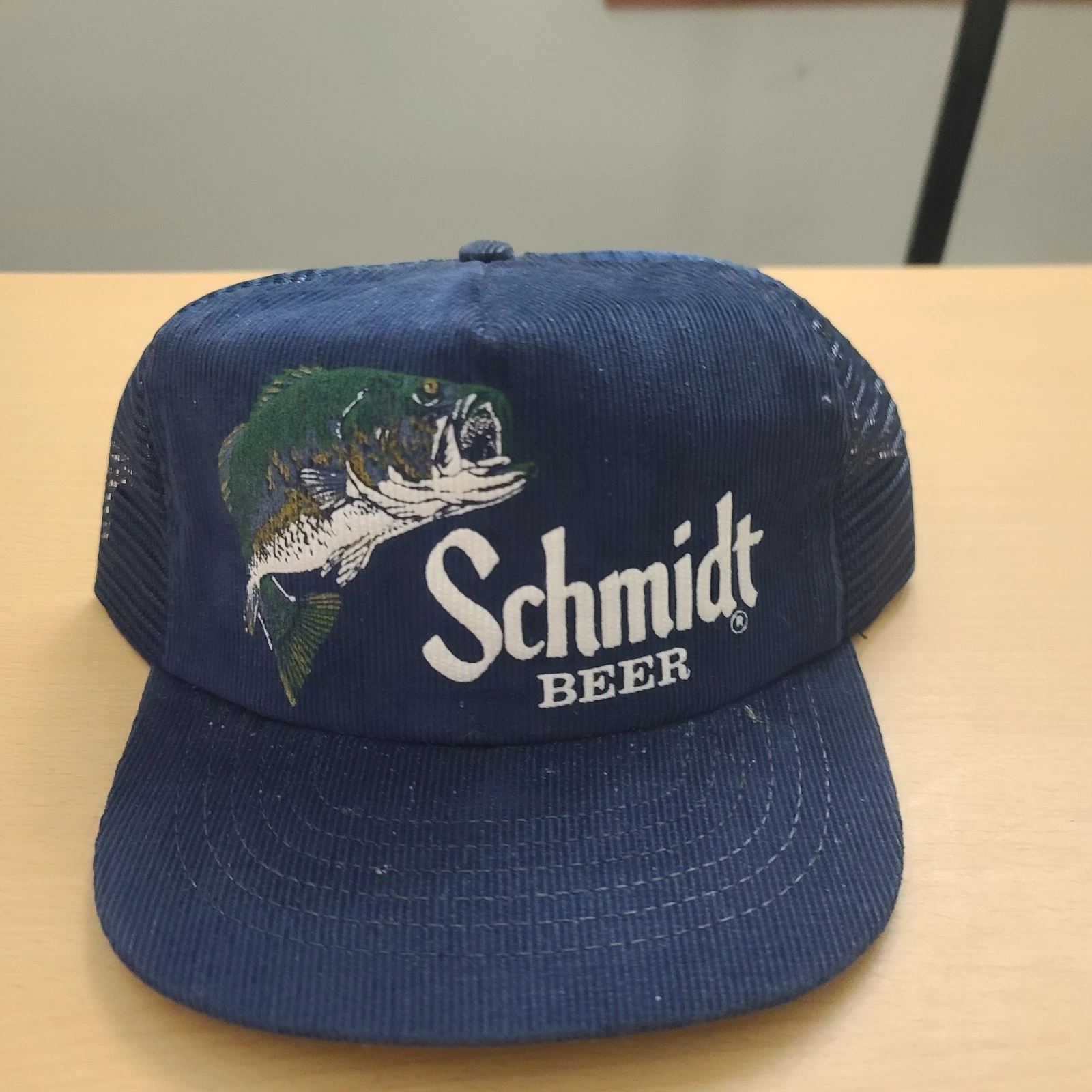 Schmidt Beer Baseball Cap Hat Snapback Blue Fish Bass Corduroy Vintage OSFA