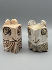 2x Small Modernist Studio Art Pottery Stoneware Owl Bird Sculptures Signed