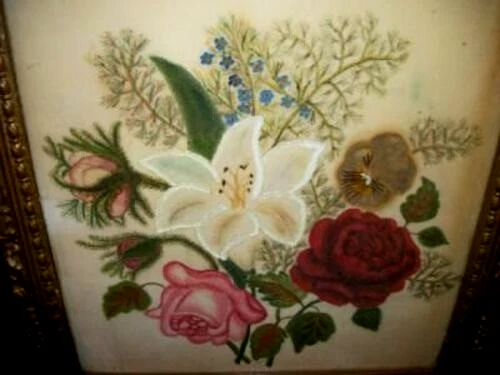 Americana 1870s Theorem Velvet Floral Painting Folk Art Old Wavy Glass Framed - Image 4 of 4